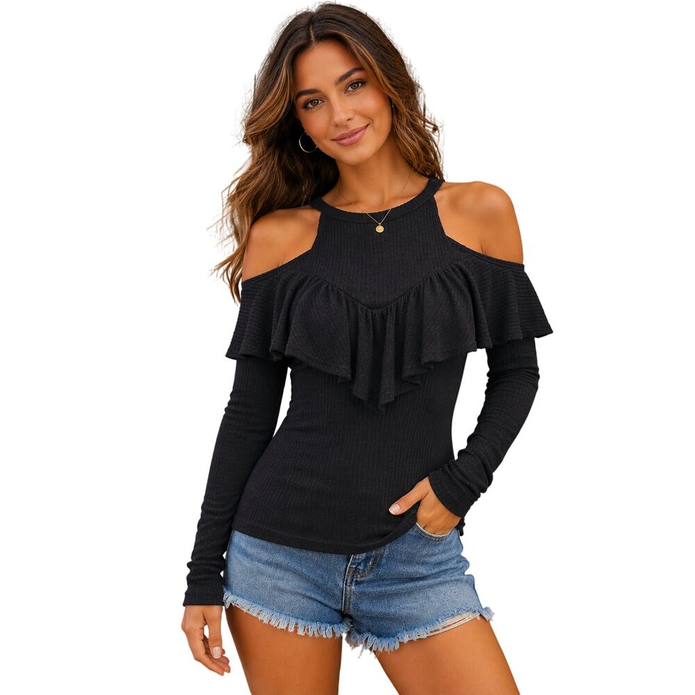 NWT USA made ribbed off the shoulder frill black stretch flirty blouse juniors L